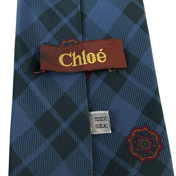 Chloe Men’s Tartan Plaid Neck Tie Blue Black 100% Silk Preppy Old Money Academia - Picture 2 of 3
